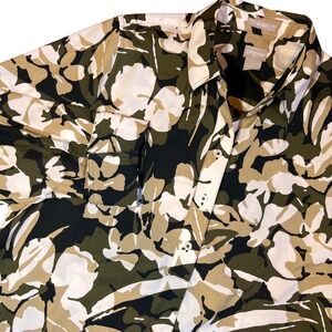 Chicos No-Iron‎ Green Beige Floral Camo Popover 3/4 Sleeve Blouse Tunic 2/LG/12